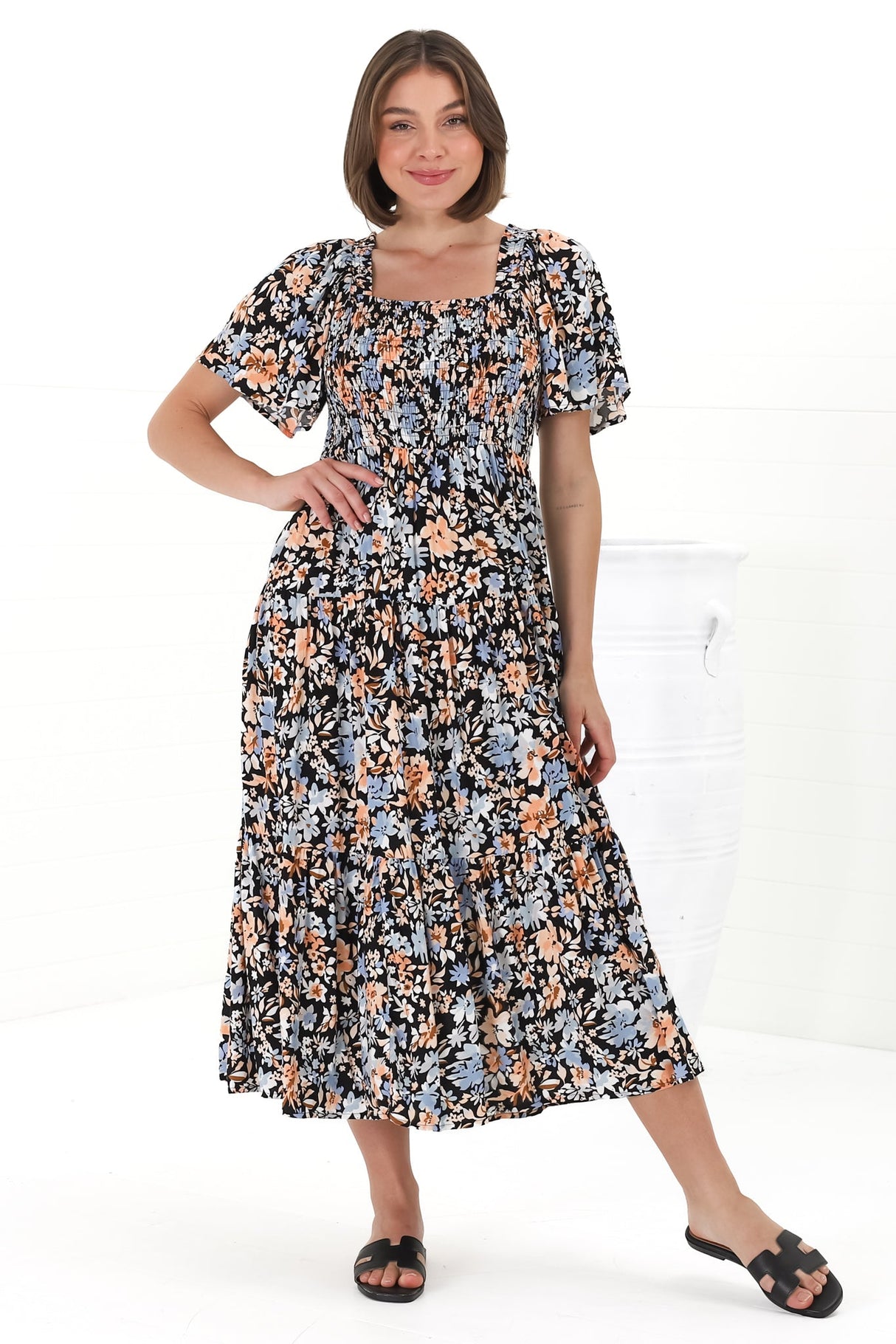 Maraya Midi Dress - Cape Sleeve Elasticated Bodice A-Line Dress in Beliza Print