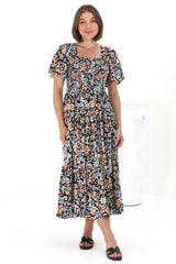 Maraya Midi Dress - Cape Sleeve Elasticated Bodice A-Line Dress in Beliza Print