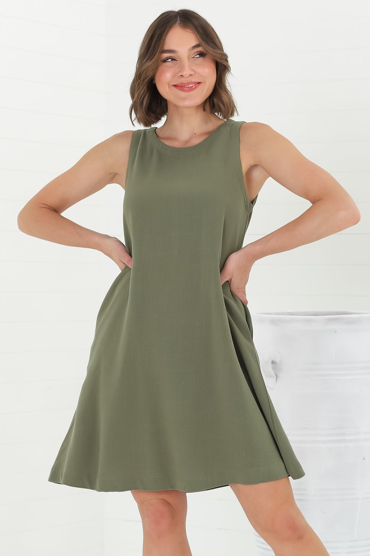 Marcelly Mini Dress - Sleeveless Linen Blend Shift Dress in Green