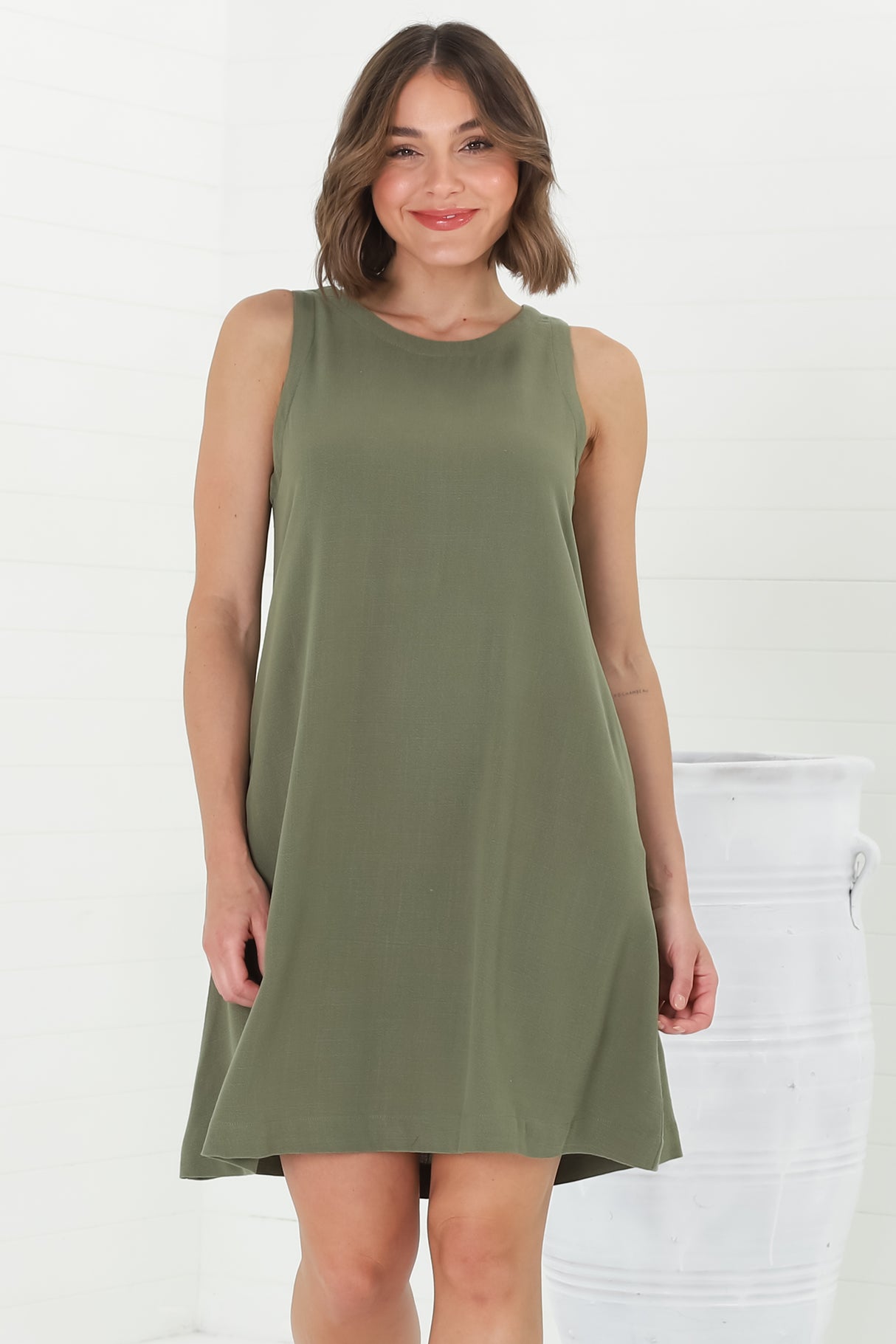 Marcelly Mini Dress - Sleeveless Linen Blend Shift Dress in Green