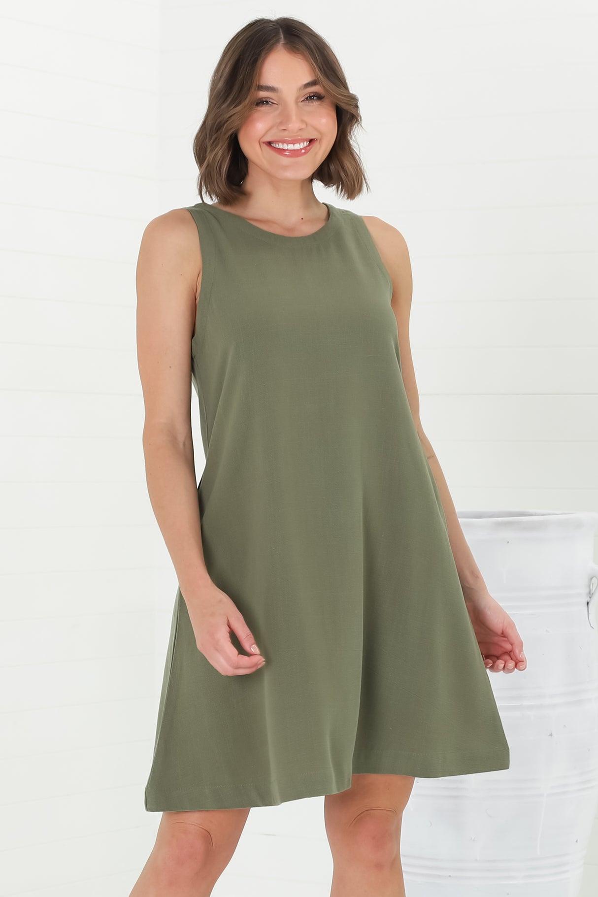 Marcelly Mini Dress - Sleeveless Linen Blend Shift Dress in Green