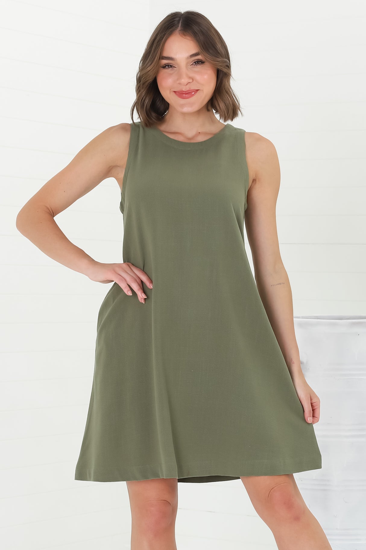 Marcelly Mini Dress - Sleeveless Linen Blend Shift Dress in Green