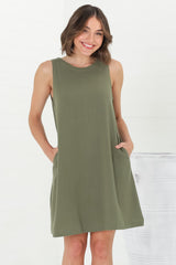 Marcelly Mini Dress - Sleeveless Linen Blend Shift Dress in Green