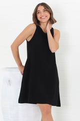 Marcelly Mini Dress - Sleeveless Linen Blend Shift Dress in Black