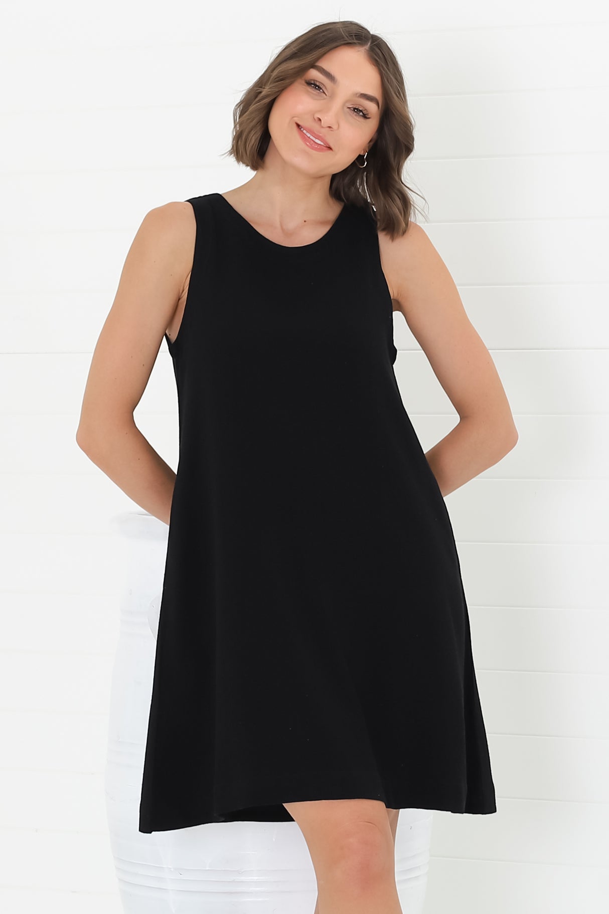 Marcelly Mini Dress - Sleeveless Linen Blend Shift Dress in Black