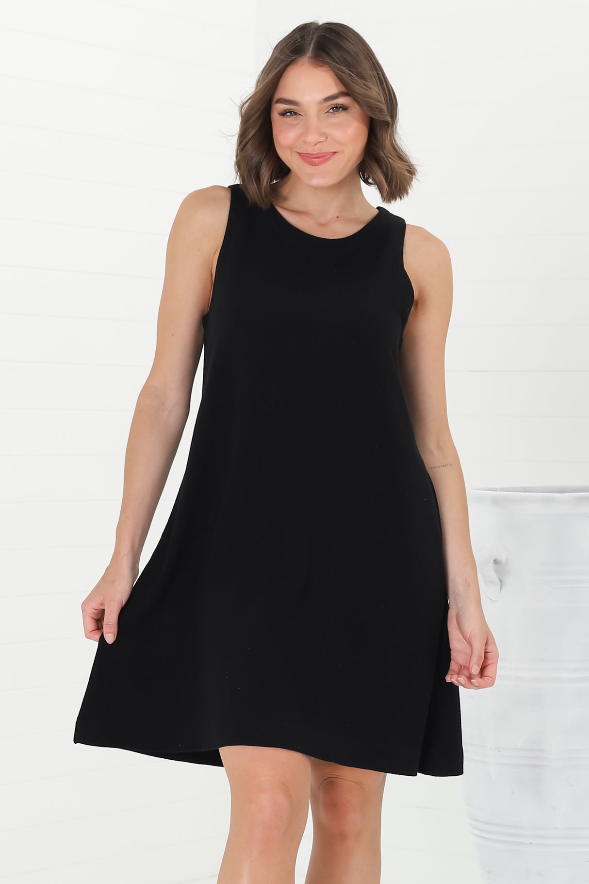 Marcelly Mini Dress - Sleeveless Linen Blend Shift Dress in Black