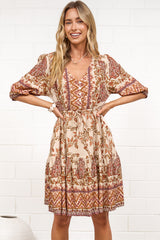 Marcia Mini Dress - Taya Print Tan