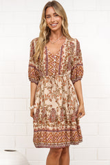 Marcia Mini Dress - Taya Print Tan