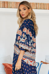JAASE - Marfa Top: V Neck Pull Over Blouse with Neck Tie in Asha Print