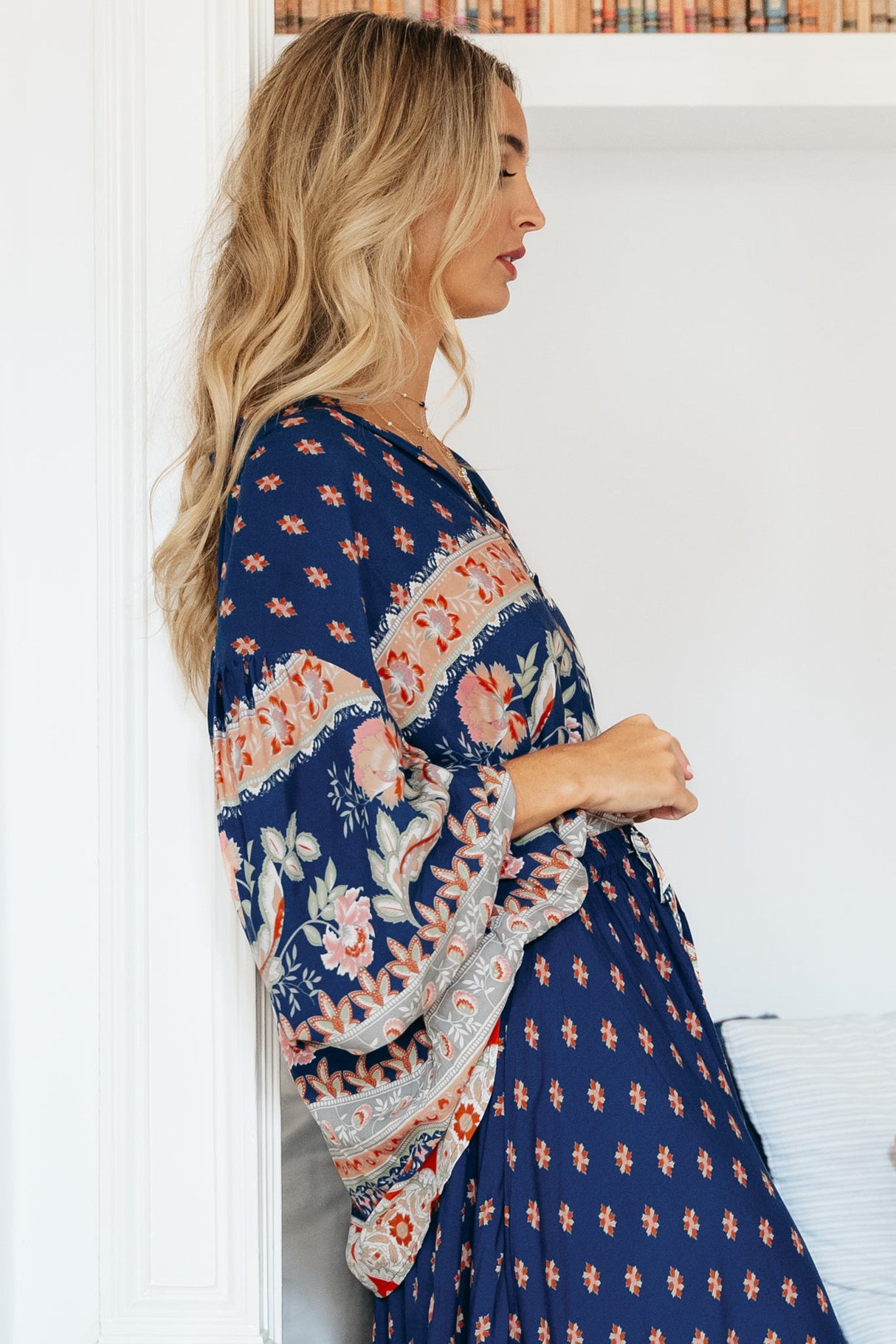 JAASE - Marfa Top: V Neck Pull Over Blouse with Neck Tie in Asha Print