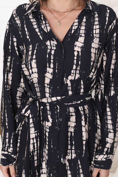 Margareth Mini Dress - Button Down Shirt Dress with Matching Waist Tie in Jae Print