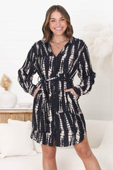 Margareth Mini Dress - Button Down Shirt Dress with Matching Waist Tie in Jae Print