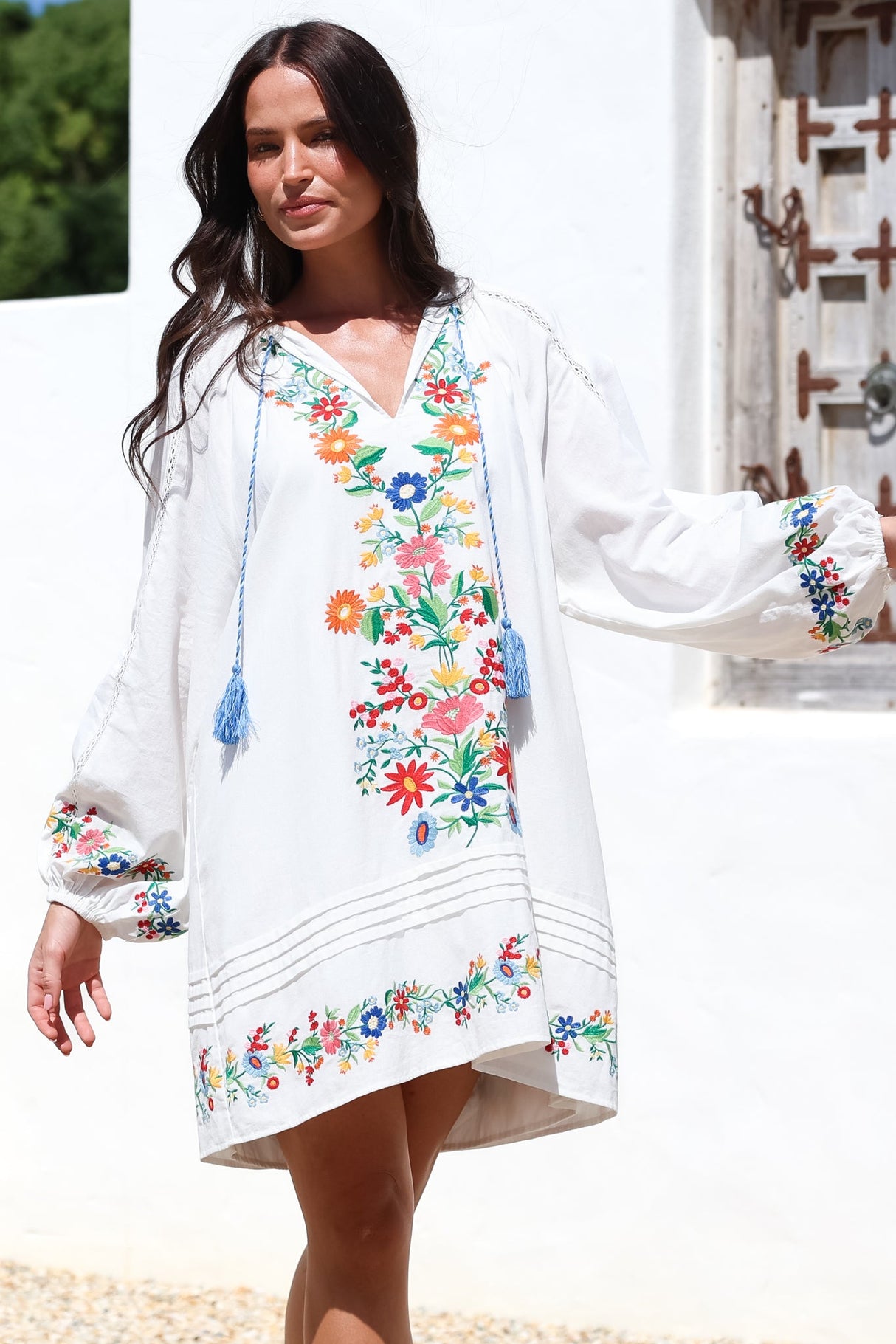 Margerie Long Sleeve Mini Dress - V-Neck Multicoloured Floral Embroidered Shift Dress in White