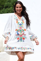 Margerie Long Sleeve Mini Dress - V-Neck Multicoloured Floral Embroidered Shift Dress in White