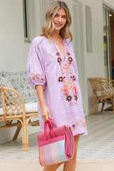 Margerie Mini Dress - Floral Embroidered Shift Dress with Balloon Sleeves in Lilac