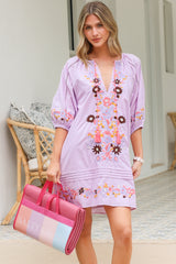 Margerie Mini Dress - Floral Embroidered Shift Dress with Balloon Sleeves in Lilac