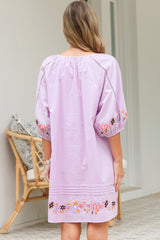 Margerie Mini Dress - Floral Embroidered Shift Dress with Balloon Sleeves in Lilac