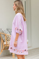 Margerie Mini Dress - Floral Embroidered Shift Dress with Balloon Sleeves in Lilac
