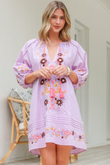 Margerie Mini Dress - Floral Embroidered Shift Dress with Balloon Sleeves in Lilac