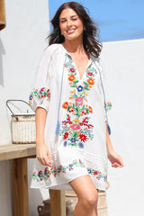 Margerie Mini Dress - Floral Embroidered Shift Dress with Balloon Sleeves in White