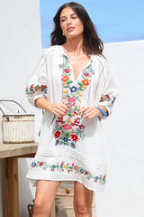 Margerie Mini Dress - Floral Embroidered Shift Dress with Balloon Sleeves in White