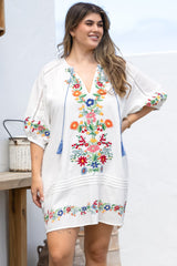 Margerie Mini Dress - Floral Embroidered Shift Dress with Balloon Sleeves in White