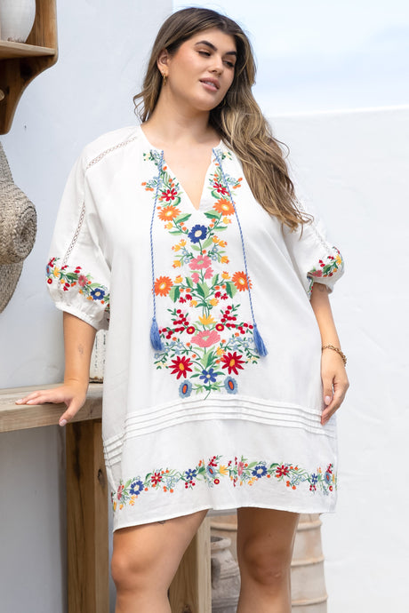 Margerie Mini Dress - Floral Embroidered Shift Dress with Balloon Sleeves in White