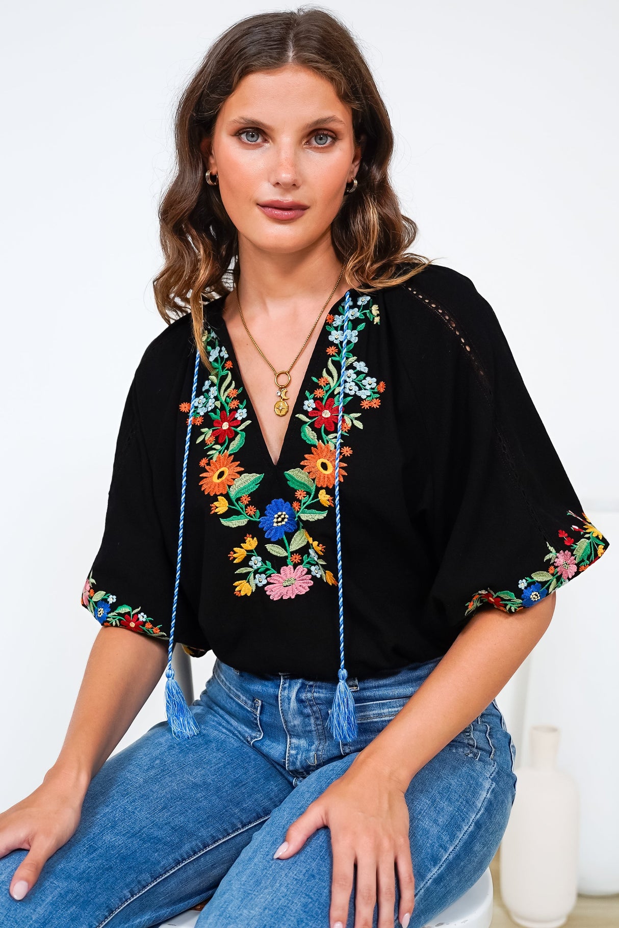 Margerie Top - Floral Embroidered Top with 3/4 Sleeves in Black