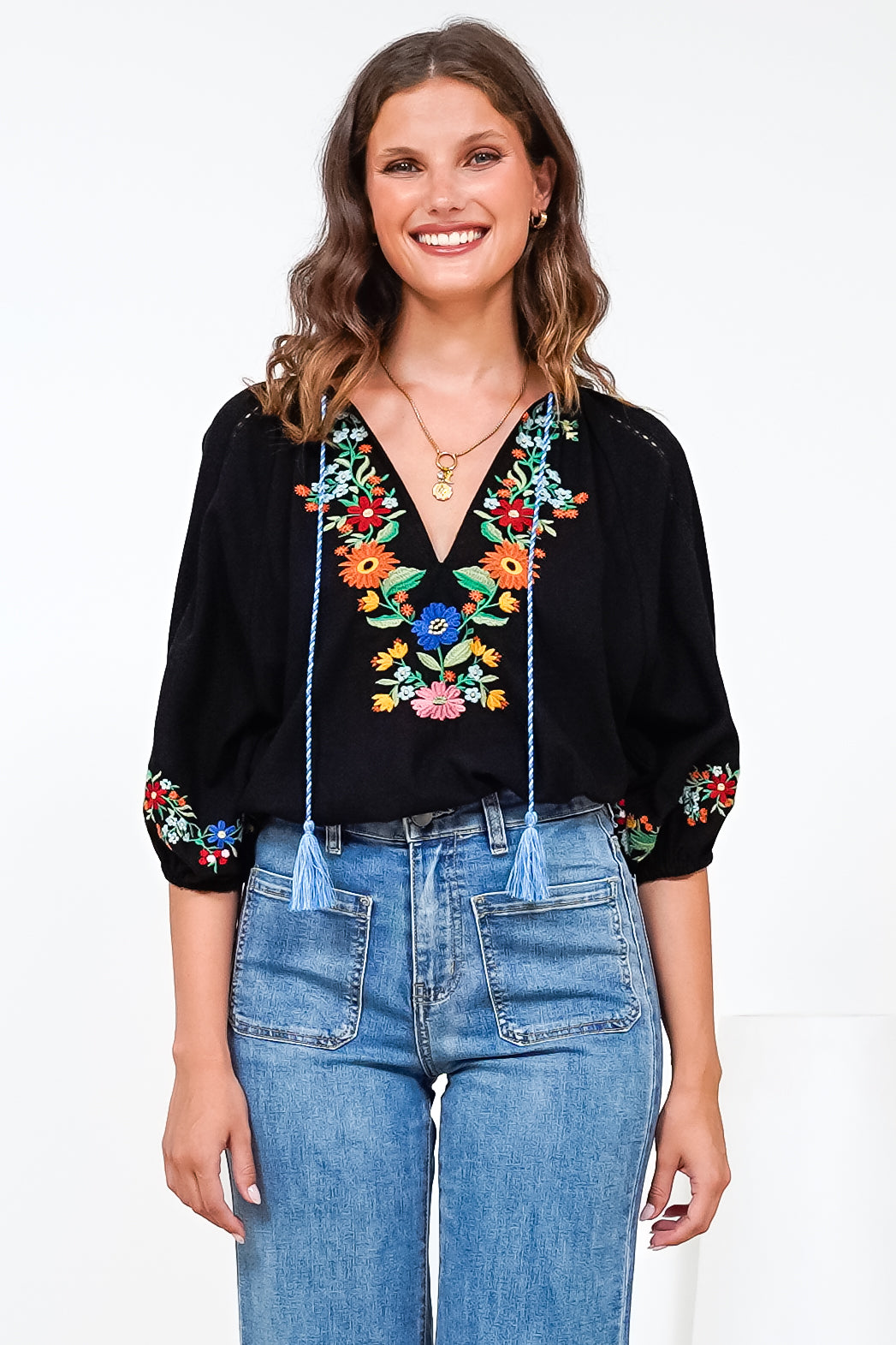 Margerie Top - Floral Embroidered Top with 3/4 Sleeves in Black