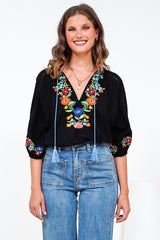 Margerie Top - Floral Embroidered Top with 3/4 Sleeves in Black