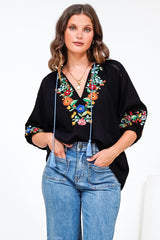 Margerie Top - Floral Embroidered Top with 3/4 Sleeves in Black