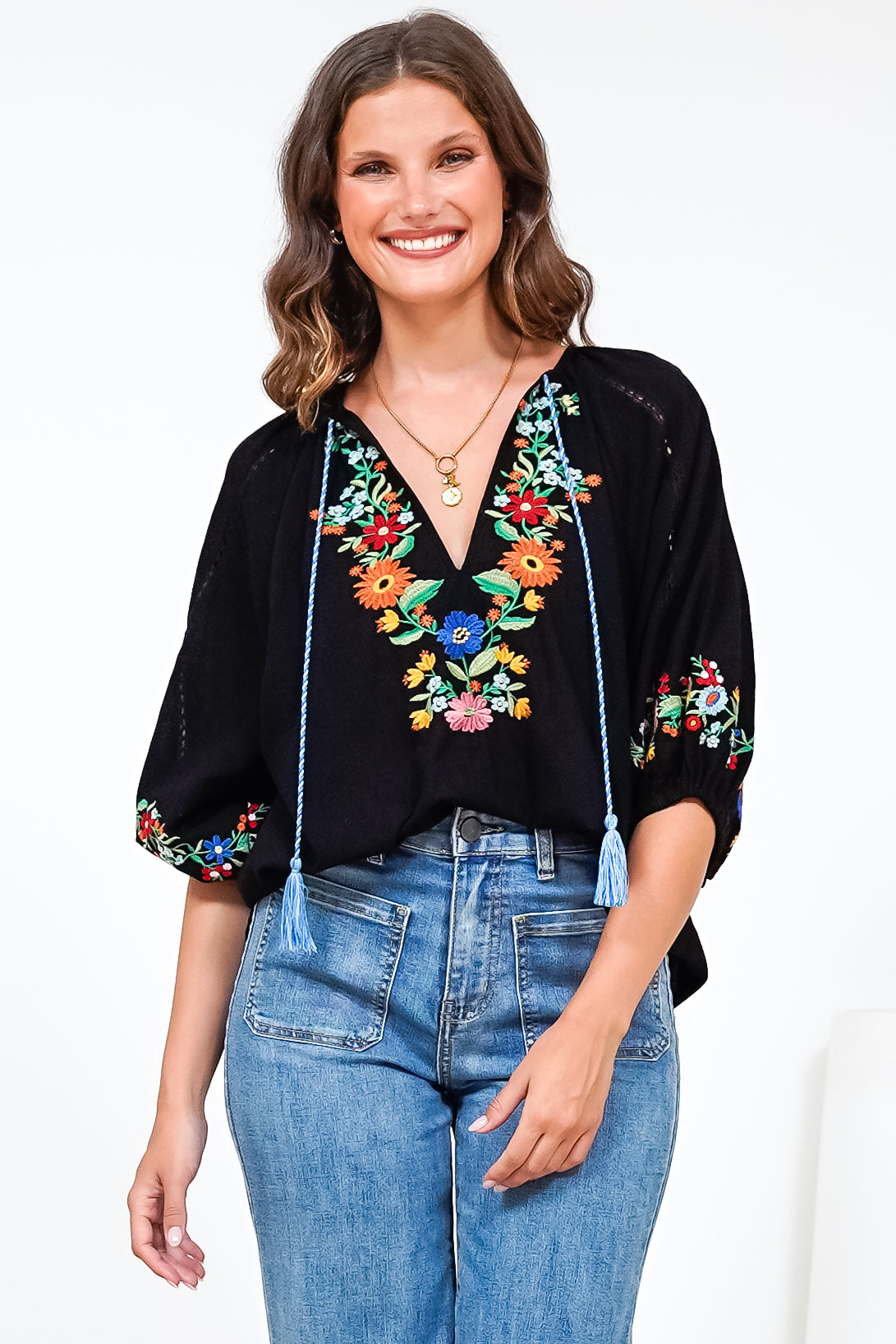 Margerie Top - Floral Embroidered Top with 3/4 Sleeves in Black
