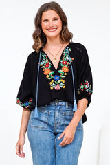Margerie Top - Floral Embroidered Top with 3/4 Sleeves in Black