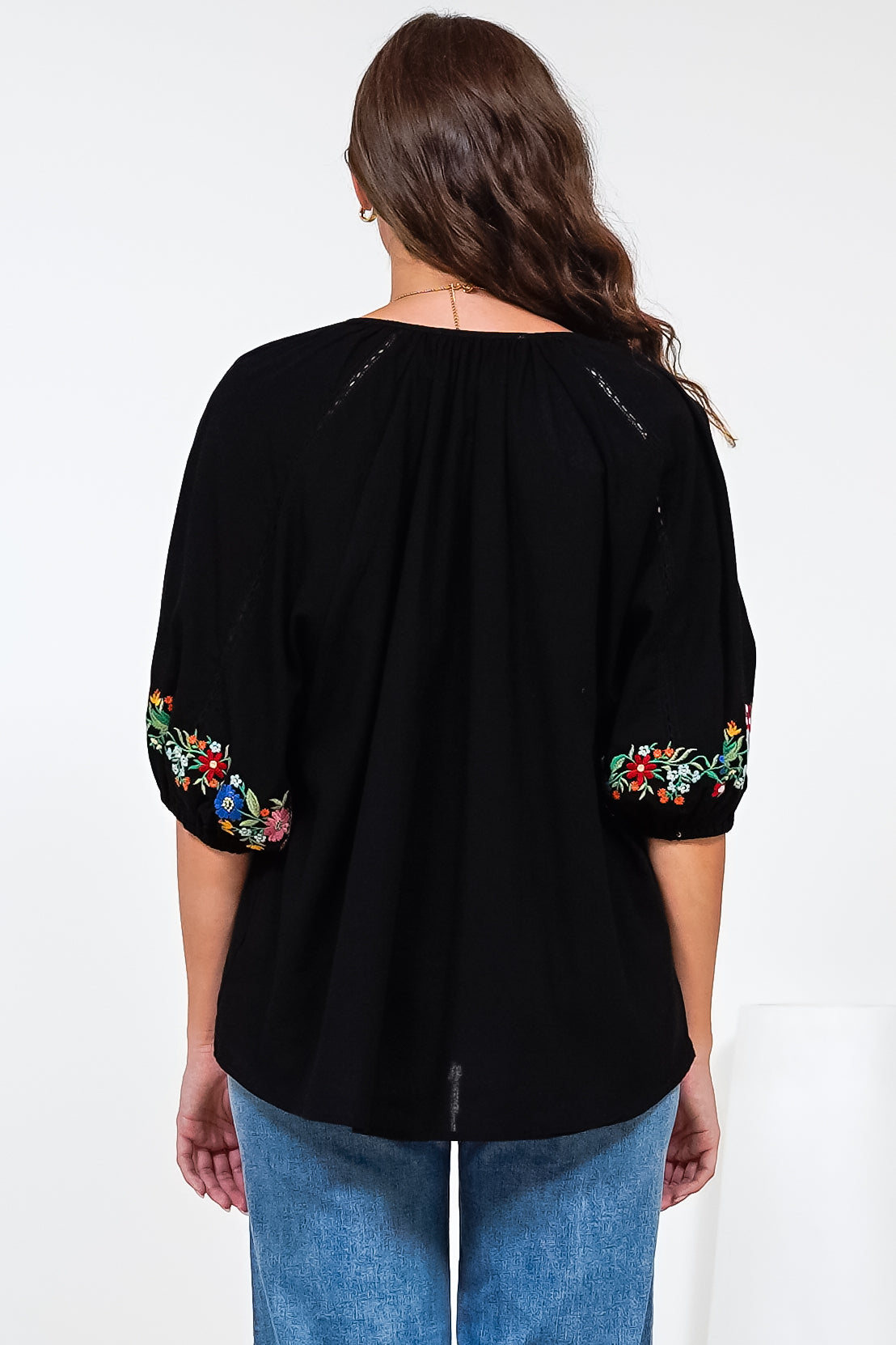 Margerie Top - Floral Embroidered Top with 3/4 Sleeves in Black