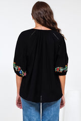 Margerie Top - Floral Embroidered Top with 3/4 Sleeves in Black