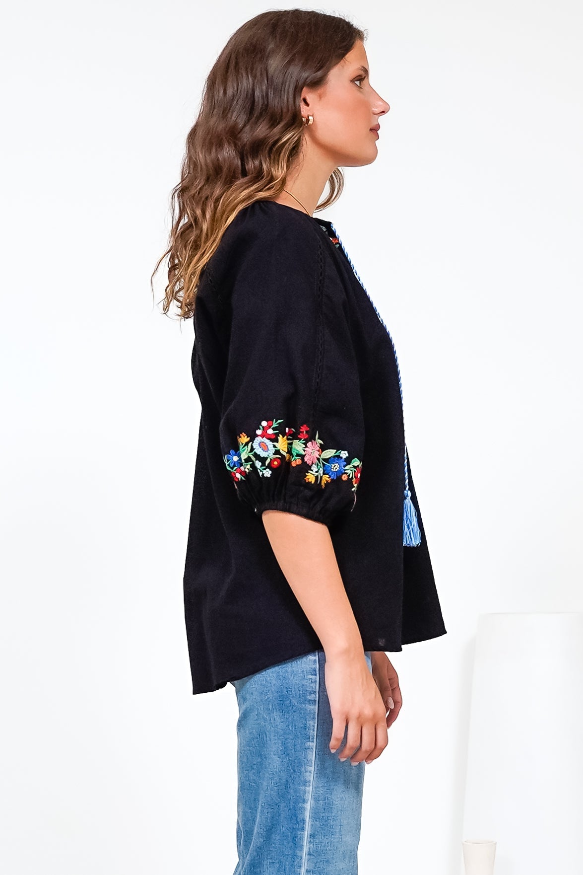 Margerie Top - Floral Embroidered Top with 3/4 Sleeves in Black