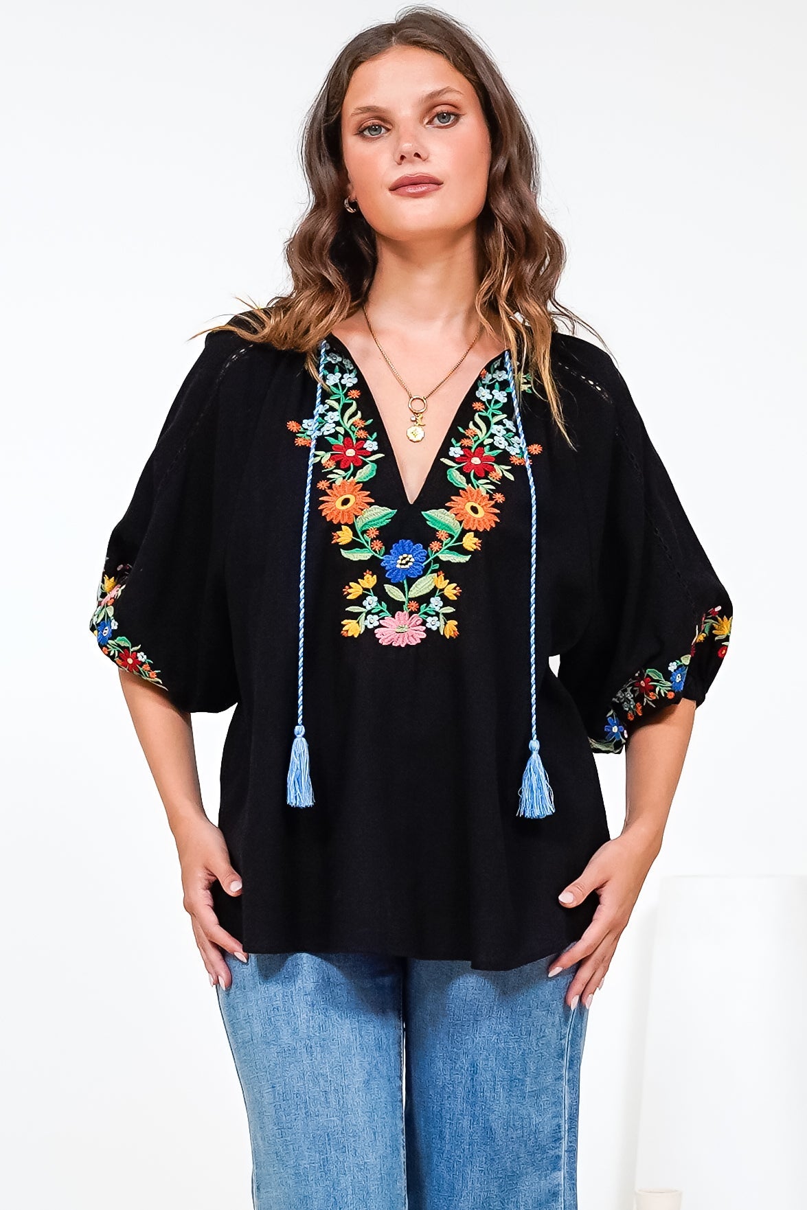 Margerie Top - Floral Embroidered Top with 3/4 Sleeves in Black