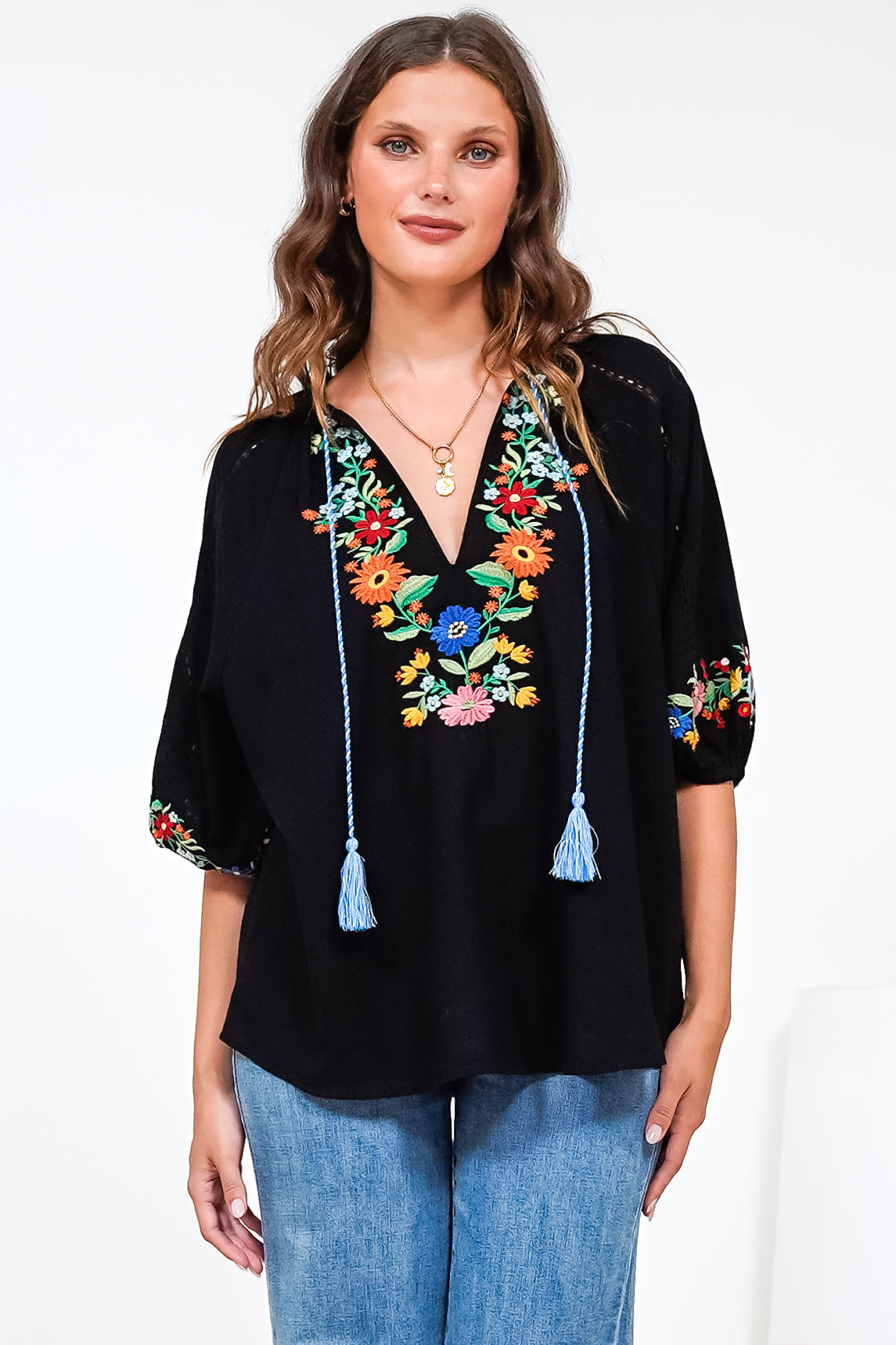 Margerie Top - Floral Embroidered Top with 3/4 Sleeves in Black