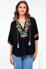 Margerie Top - Floral Embroidered Top with 3/4 Sleeves in Black