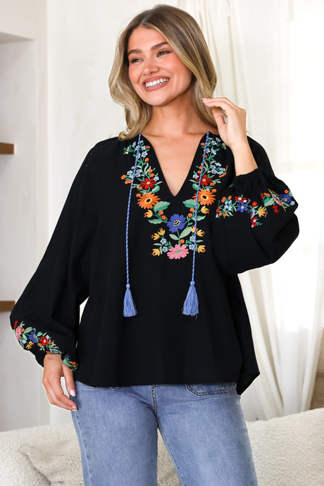 Margerie Top - Floral Embroidered Top with Long Sleeves in Black