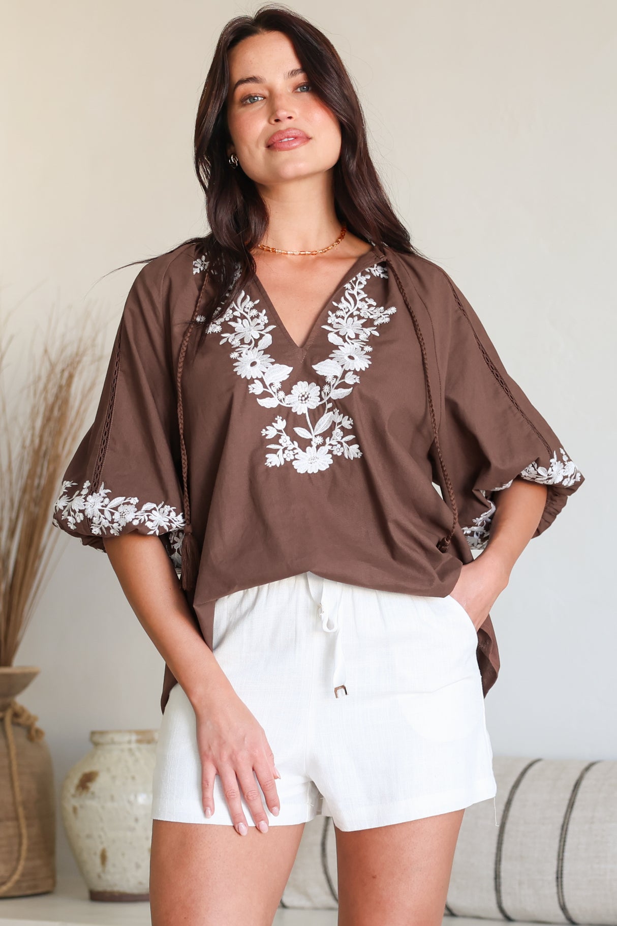 Margerie Top - Floral Embroidered Top with 3/4 Sleeves in Chocolate