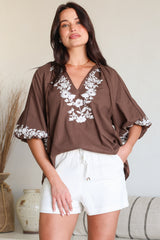 Margerie Top - Floral Embroidered Top with 3/4 Sleeves in Chocolate