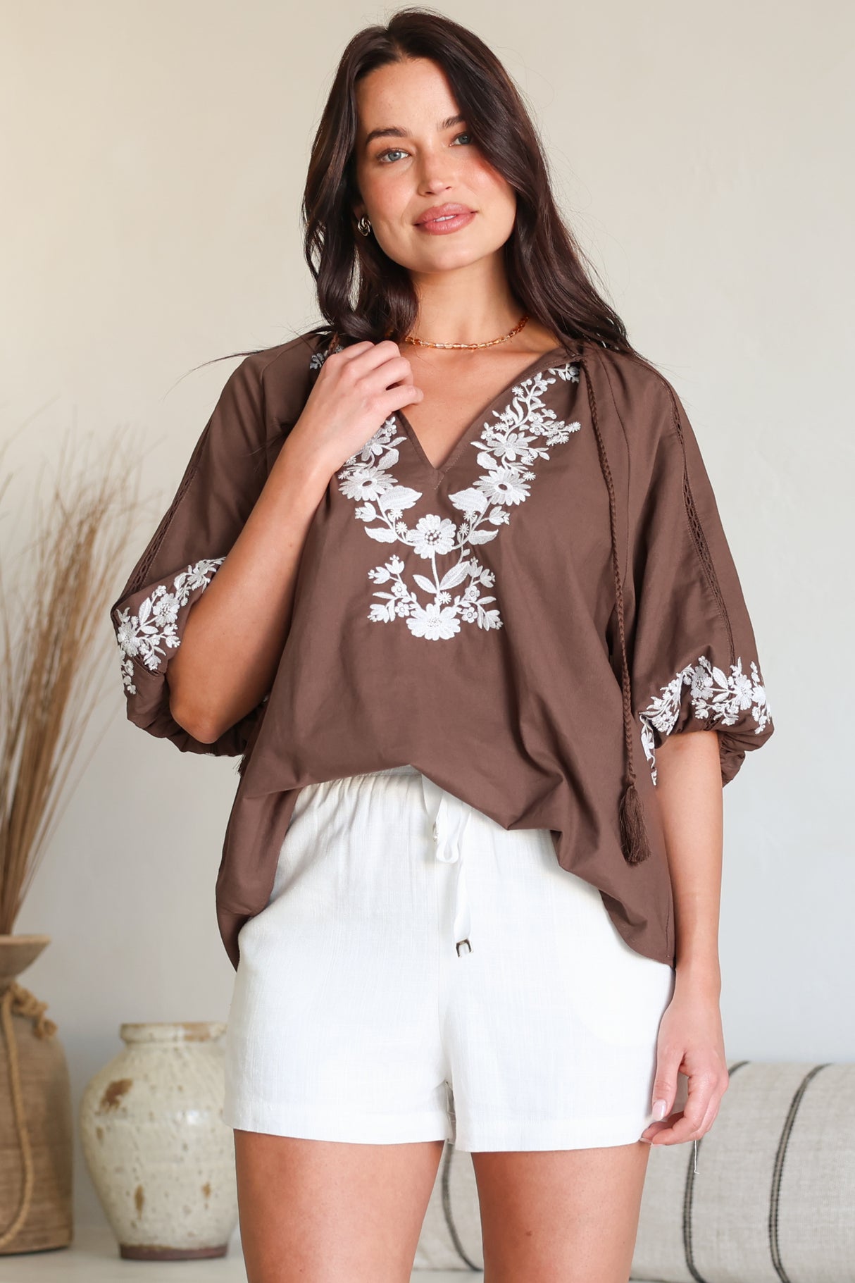 Margerie Top - Floral Embroidered Top with 3/4 Sleeves in Chocolate
