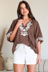 Margerie Top - Floral Embroidered Top with 3/4 Sleeves in Chocolate