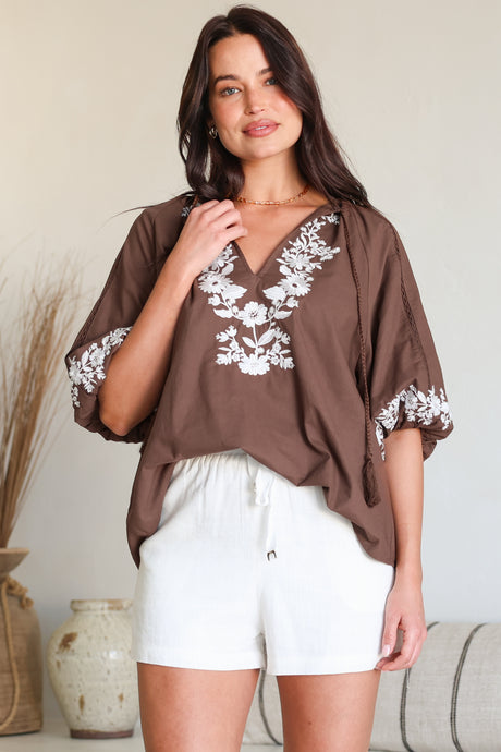 Margerie Top - Floral Embroidered Top with 3/4 Sleeves in Chocolate