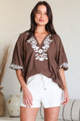 Margerie Top - Floral Embroidered Top with 3/4 Sleeves in Chocolate
