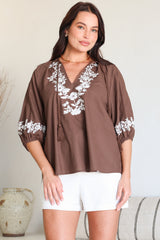 Margerie Top - Floral Embroidered Top with 3/4 Sleeves in Chocolate