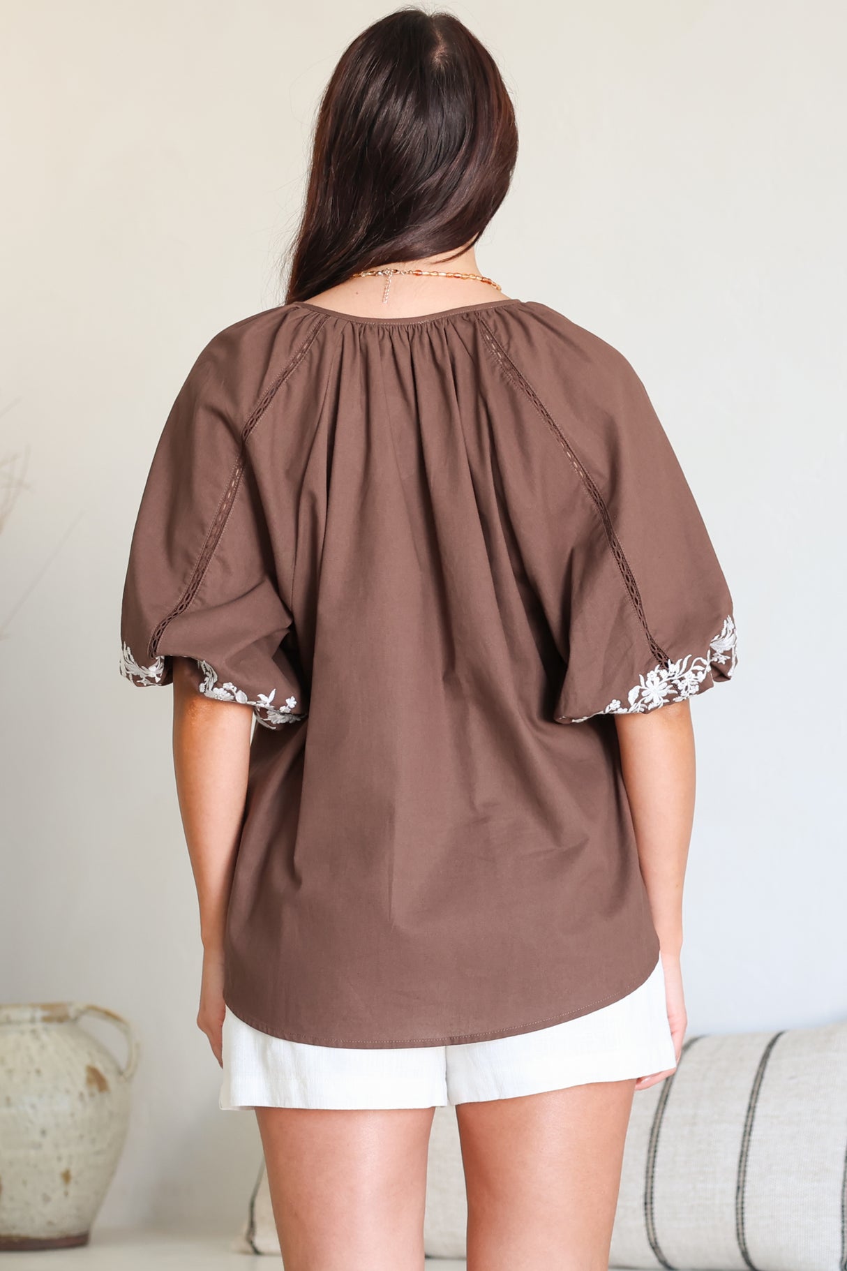 Margerie Top - Floral Embroidered Top with 3/4 Sleeves in Chocolate