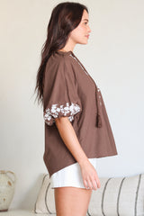 Margerie Top - Floral Embroidered Top with 3/4 Sleeves in Chocolate