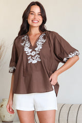 Margerie Top - Floral Embroidered Top with 3/4 Sleeves in Chocolate